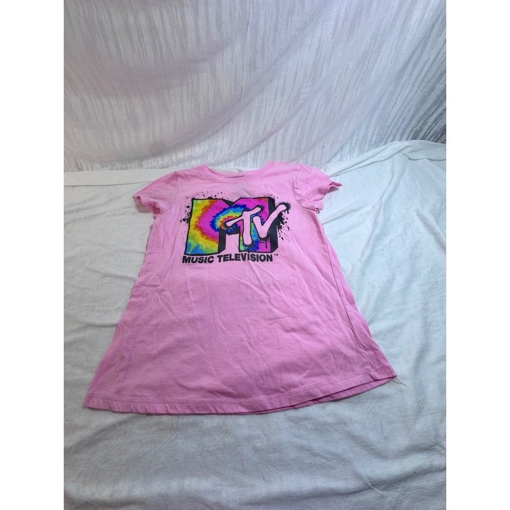 MTV Music‎ Television Girls Pink Tie Dye Logo Graphic T-Shirt Size L 10/12